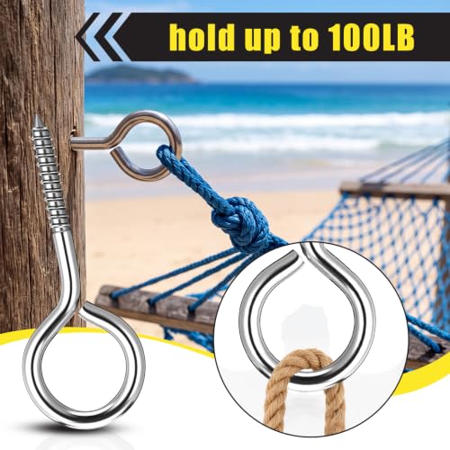 100 Pcs 304 Stainless Steel Screw Eye Hooks, Heavy Duty Eye Bolt with 200lb Load Bearing, Rust Resistant Self Tapping Hooks for Securing Cables/Wire on Wood Indoor Outdoor (M5-2.6 Inch) 100 M5-2.6 Inch