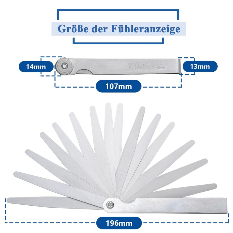 Mesee stainless steel feeler gauge set, 17 blades, high-precision feeler gauge, 0.02-1.00 mm gap width measuring tool, for valve tappets, spark plug gaps, piston rings, brake bands