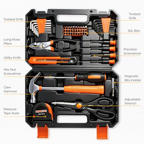 57 Piece Basic Tool Set, Home Repair Hand Tool Kit, General Household Tool Box, Portable Toolbox with Storage Case for Homeowner, DIY, Handyman, Women, Men 57PCS