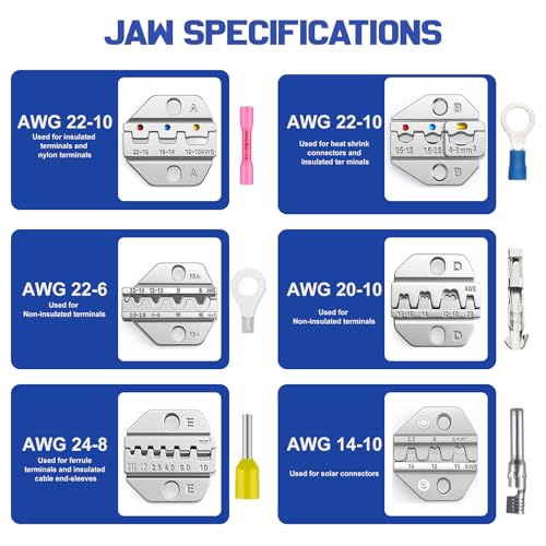 Wire Crimping Tool,6 Interchangeable Dies Crimper,for AWG22‑10 Heat Shrink,Insulated Nylon,AWG22‑6 Non‑Insulated Cable Lugs,AWG20‑10 Open Barrel Terminals,AWG24‑8 Ferrules,AWG14‑10 Solar Connectors 6