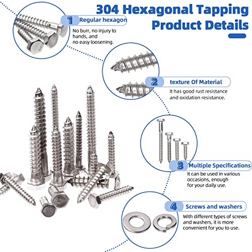 Glarks 201Pcs 1/4" 5/16" 3/8" 304 Stainless Steel Hex Lag Screws Assortment Kit Hex Lag Bolts with Flat Washers and Lock Washers Set for Fixing Metal, Wood, Plastic Materials 1/4"+5/16"+3/8" Lag Screws Set