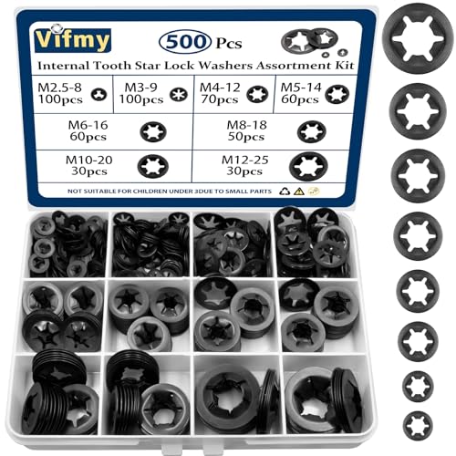 500 PCS 304 Stainless Steel Internal Tooth Lock Washers Assortment Kit and 500 PCS Steel Black Oxide Finish Internal Tooth Star Lock Washers