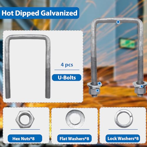 4 Pcs Hot Dipped Galvanized Square U-Bolts,1/2" D x 3 1/16" W x 5 5/16" L,Boat Trailer U-Bolts 3 inch Wide with Washers and Nuts for Boat Trailer,Automobiles,Industrial,Heavy Duty U Bolt 1/2" D x 3-1/16" W x 5-5/16"L