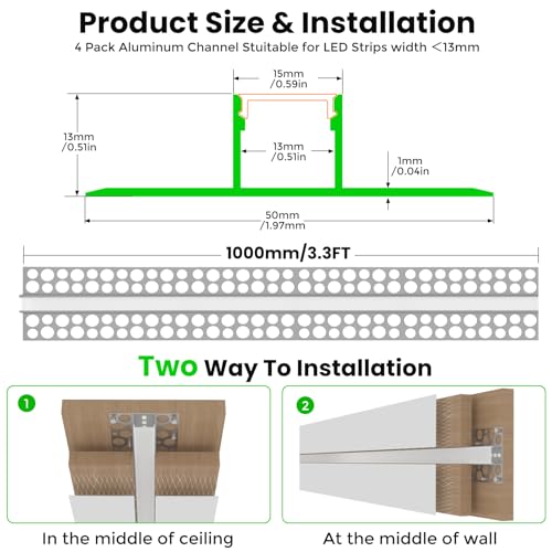 4 Pack 3.3ft/1M Plaster-in LED Channel, Trimless Recessed Drywall LED Diffuser Channel with Milky Diffuser, Aluminum Channel for Strip Lights, Under Cabinet, Wall and Ceiling (Light NOT Included) Double-edge 3.3ft 4pack ( 13mm inner width) 4