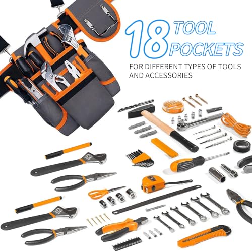 Tool Belt for Men,Magnetic Tool Pouch With Suspenders,18-Pocket Adjustable Heavy Duty Tool Organizer for Electricians, Carpenters, DIY, Construction,Gift-Fits Waists 32"-60"