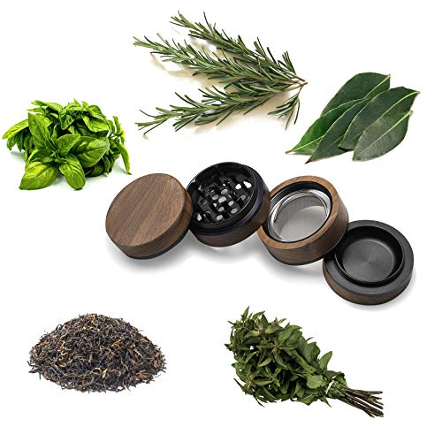 DCOU Premium Large Wooden Spice Grinder Pollen Collector with Magnetic Lid and Pollen Catcher 4 Piece 2.5 inches (Black) Black