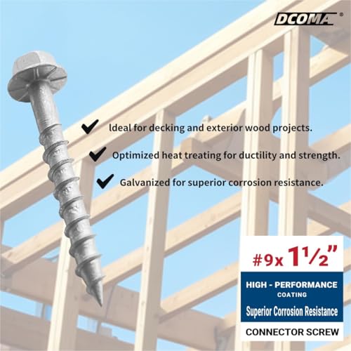 Connector Screws, #9 x 1-1/2" Heavy-Duty Joist Hanger Screws, 1/4" Hex Head with 0.370"-Dia, Replace 9112R500 10D Nails, Prem-Galvanized, Corrosion-Resistant and Wear-Resistant. (500-Qty) 500