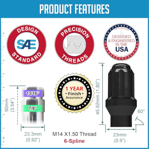 Wheel Accessories Parts 27 Pcs M14x1.5 14x1.5 Thread ET Bulge Acorn 1.80" Long Spline Lug Nuts Black Truck Spline Hex Fits Ford Bronco Raptor (for use with Wheels Spacers)