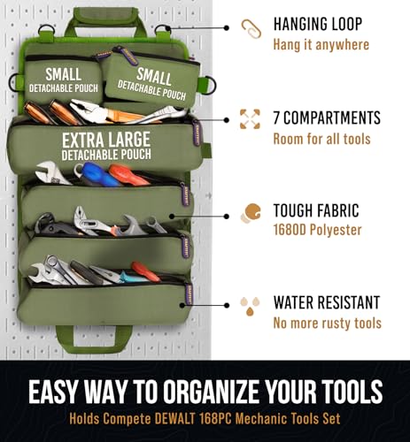 CRAFT911 Durable Tool Bag Organizers w/Detachable 6 Tool Pouches – Small Roll Up Bag | Compact & Lightweight Roll Up Tool Bag Organizer for Electrician, Mechanic, Hobbyist – Green