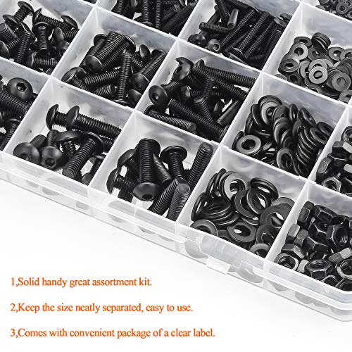 HELIFOUNER 1280 Pieces Button Head Socket Cap Screw Bolts, Flat Washers and Nuts Assortment Kit, 10.9 Grade Alloy Steel, Full Thread (M2 M3 M4 M5) M2 M3 M4 M5 Button Head Socket Cap Screws Black