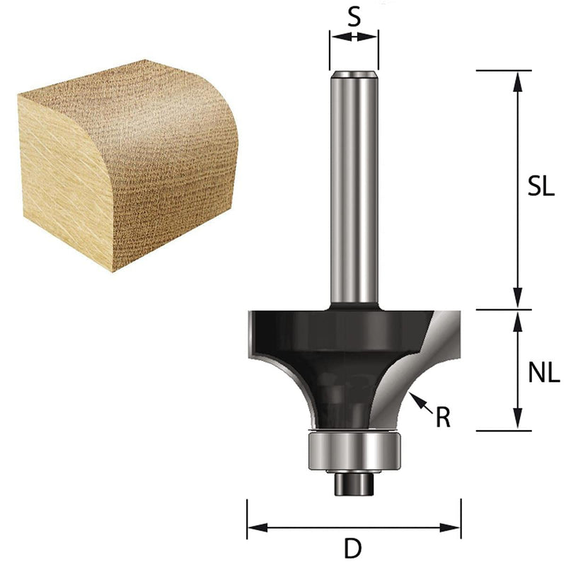 ENT 14280 rounding cutter HW, shank (S) 8 mm, diameter (D) 16.7 mm, NL 9.5 mm, R 2 mm, SL 32 mm, with ball bearing R=2 / D=16.7 / NL=9 ,5