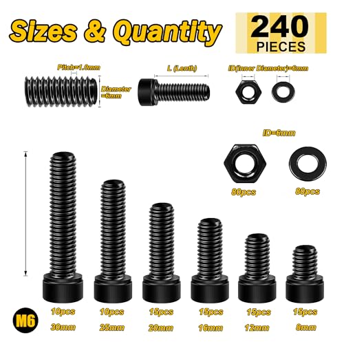 Mywish M6 x 20mm 50Pcs Flat Head Hex Socket Cap Screws Bolts & 240Pcs M6 Bolt Nuts and Bolts Assortment Kit, M6 Screw x 8/10/12/16/20/25/30mm, Metric Screw Assortment, Nuts and Bolts, Washers