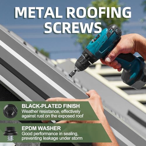 #14 x 5 (50 PCS) Black Metal Roofing Screws with Rubber Washer, Hex Head Self Tapping Screws for Metal, Self Drilling Sheet Metal Screw #14 x 5" 50