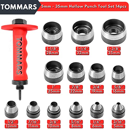TOMMARS 14-Piece Hollow Punch Set, 5-35 mm (3/16 to 1-3/8 Inch)