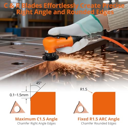Proster Pneumatic Chamfering Tool 30000 RPM - 45° Air-Powered Chamfering Machine 1/4 Inch Air Inlet Air Chamfer Tool with 12 C-Angle & 10 R-Angle Blades, for Chamfer, Metal, Wood, Trimming, Deburring