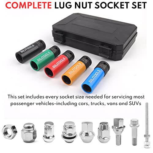 BILITOOLS 1/2 inch Drive Impact Lug Nut Socket Set, 15 17 19 21 22 MM & 17-19 - 21 mm & SAE 13/16-7/8 inch Non-Marring Thin Wall Wheel Nut Socket