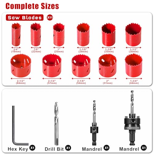 Bi-Metal Hole Saw Kit, HYCHIKA 17 Pcs High Speed Steel 3/4" to 2-1/2" Hole Saw Set in Case with Mandrels, Hole Saw Bit for Metal, Drilling PVC Board,and Plastic Plate 17 Pcs Hole Saw Kit