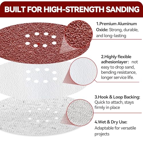 9 Inch 8 Hole Sanding Discs 30 Pack, 5 Pcs Each 40 60 100 120 180 240 Grit 8 hole 40/60/100/120/180/240 Grit