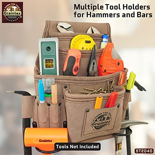 GRAINTEX ST2040 10 Pocket Nail & Tool Pouch Natural Top Grain Leather for Framers, Constructors, Electricians, Plumbers, Handyman