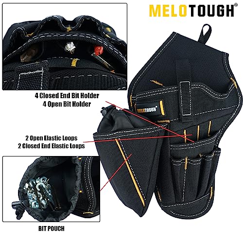 MELOTOUGH 2" Nylon Web Work Belt with Heavy Duty Quick Release Rugged Metal Buckle + Drill Holster Impact Driver Holster with Bit Pouch Heavy Duty Impact Holster for Tool Belt (Left Hand)