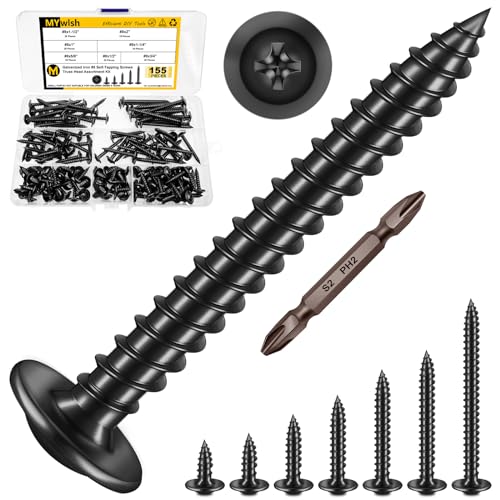 Mywish 155Pcs #10x1/2, 5/8", 3/4", 1",1-1/4", 1-1/2", 2" Self Tapping Screws & 155Pcs #8 Truss Head Wood Screws, Quick Metal Black Self Tapping Wood Screws， Black Sheet Metal Screws for Metal Wood &