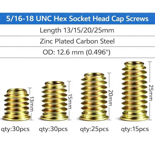100-Piece 5/16''-18 Threaded Insert Kit with Wrench & Drill Bit – Includes 13mm, 15mm, 20mm & 25mm Inserts for Woodworking | Complete Set for DIY & Professional Use 5/16''-18 inserts