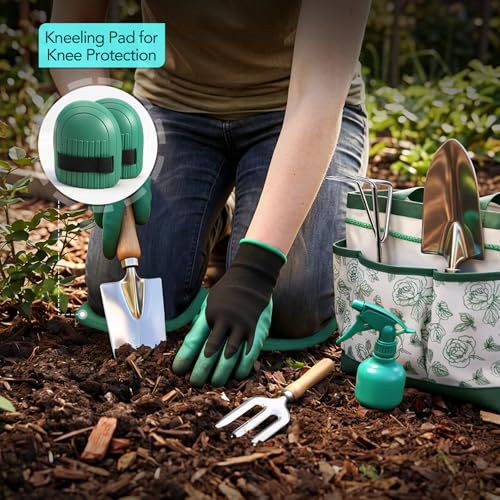 Bluemars Gardening Hand Tool Kit 14PCS Heavy Duty Stainless Steel Garden Tool Set with Floral Garden Tote -Outdoor Gardening Transplanting Gifts for Woman