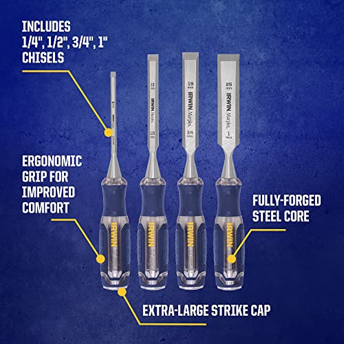 IRWIN Chisel Set, Woodworking, 4-Pack, Extra-Long Strike Cap, Strong & Durable Steel Core (IRHT82507) 1/2 to 2 inches