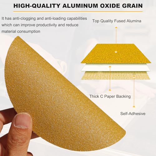 100 PCS 6 Inch Gold PSA Sanding Discs Set -20 Each of 80, 120, 180, 220, 400 Grit - Self Adhesive Stickyback Sandpaper Discs for 6" DA Sander Sand Automotive Car Paint, Woodworking, Metal