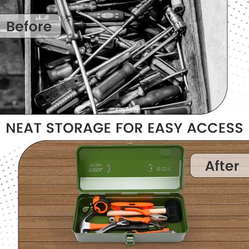15 Inch Metal Tool Box with Lock - Portable Heavy Duty Workshop Tool Storage Case with Handle, Locking Hardware Organizer Box for Tools, Screws & Parts (Green) green