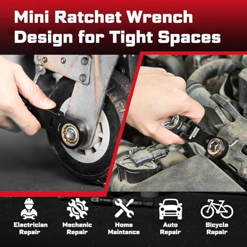 GEINXURN 68PCS Stubby Wrenches Bit Set, 72-Tooth Flex-Head Double Box End Mini Ratcheting Wrench Set Metric (10-19mm) with Screwdriver Bits, 1/4" Universal Socket for Computer, Auto & Bicycle Repair GSTRAT68