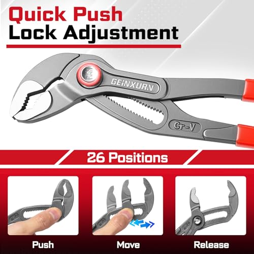GEINXURN 7/10/12-Inch Water Pump Pliers Set, 3PCS Groove Joint Pliers V-Jaw with Push-Lock, Fast Adjustable Slip Joint Pliers Set for Plumbing, Home Repair, and Pipe Fittings