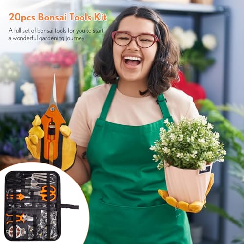 Bonsai Tools Kit 20 Pcs Garden Tools Set for Beginner, Gardening Gift for Women Men, Includes Bonsai Wire Kit, Plant Mat, Pruning Shears, Bonsai Scissors, Succulent Tools in Leather Storage Bag Orange