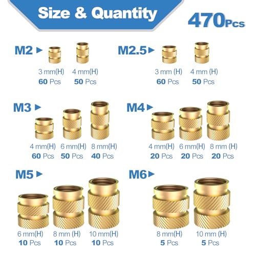 2240PCS Metric Screw Assortment M2-M5 & 470PCS Brass Heat Set Threaded Inserts M2-M6 Kit, 12.9 Grade Alloy Steel Hex Socket Bolts Black Zinc Plated with Allen Wrench for 3D Printing & Plastic Componen