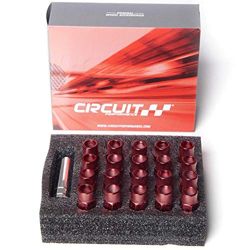 Circuit Performance Forged Steel Extended Open End Hex Lug Nut for Aftermarket Wheels: 12x1.5 Red - 20 Piece Set + Tool