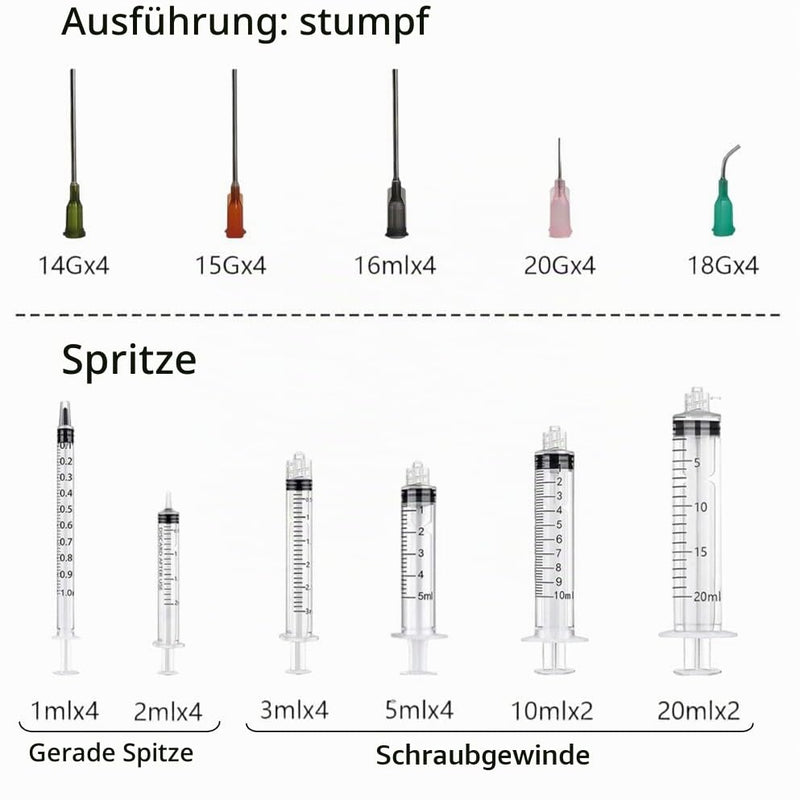 Syringes with Needle, 1 ml, 2 ml, 3 ml, 5 ml, 10 ml, 20 ml Syringes with Cannula, Pack of 20 | Blunt Needles and Caps for DIY Craft Refill Adhesive, Measuring Liquids, Glue Applicator, Oil