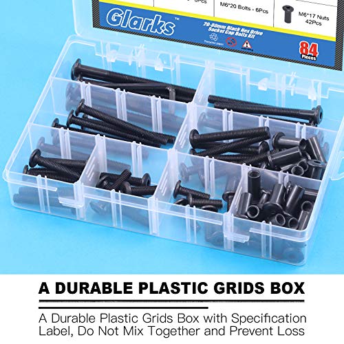 Glarks 85Pcs M6x20/ 30/40/ 50/60/ 70/ 80mm Black Hex Drive Socket Cap Bolts Kit, Allen Head Countsunk Furniture Crib Bolts Nuts Screws for Chair Table Cabinets M6x20/30/40/50/60/70/80mm