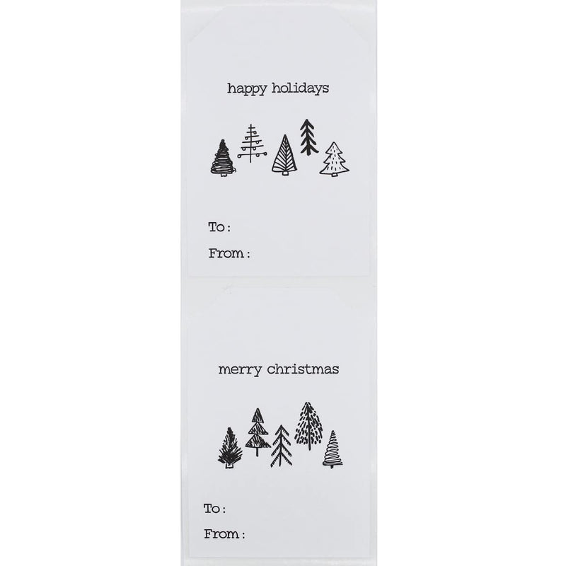 Boho Style Christmas Tree Gift Tag Stickers – 2 x 3 Inch Holiday Labels with Unique Tree Designs – 25 White Semi-Gloss Adhesive Tags, Eco-Friendly, Made in USA