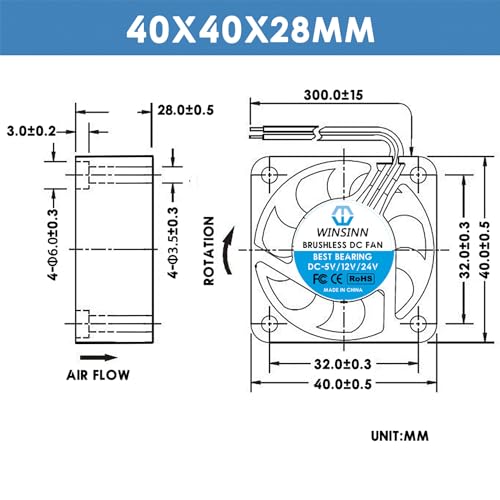 WINSINN 40mm DC 24V 4028 Dual Ball Bearing Brushless Cooling Fan (Pack of 4Pcs) - 1.57" x 1.57" x 1.57", 6000RPM, 8.67CFM, 30dBA, 2-Pin, Compatible with Desktop, Server, 3D Printer