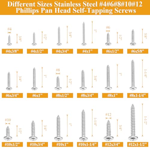 545 Pieces #4#6#8#10#12 Wood Screws Set, Phillips Pan Head #4#6#8#10#12 Self-Tapping Screws Assortment Kit, 304 Stainless Steel Wood Screws Kit (#4#6#8#10#12)