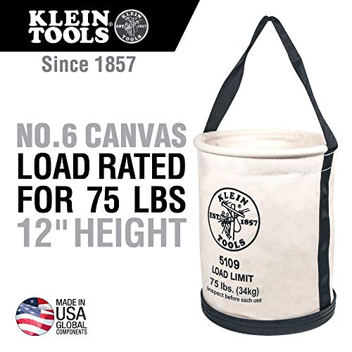 Klein Tools 5109 Canvas Bucket, Wide-Opening Straight-Wall Tool Bucket with Black Molded Bottom, 75-Pound Load Rated & 5139 Zipper Bag, Canvas Tool Pouch 12.5 x 7 x 4.25-Inch