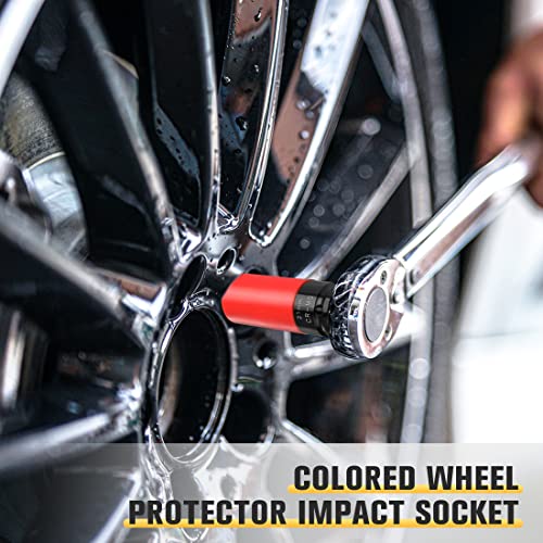 BOEN 1/2" Drive Wheel Protector Impact Socket, Non-Marring Lug Nut Thin Wall Deep Socket Set, CR-MO, 6 Point, Color-Coded Protective Socket | Metric 17 19 21 mm | SAE 13/16 7/8 inch (5 PCS) 5-Piece Metric/SAE