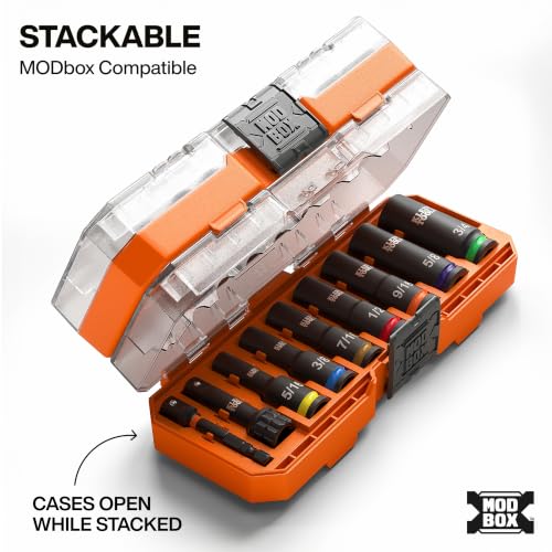 Klein Tools 65109IMPCT KNECT Deep-Well 3/8-Inch Drive Impact Socket Set, SAE, 9-Piece Tool Set with Impact Driver Adapter, Multi-Purpose Wrench Adapter, Color-Coded, MODbox Socket Organizer 9-Piece SAE Set