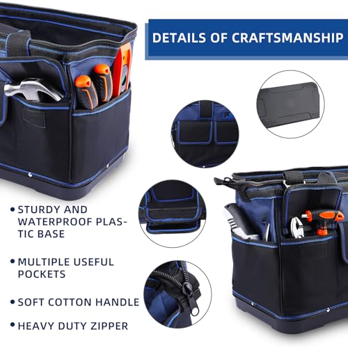 Tool Bag 16'', Multi-pocket Tool Organizer with Water Proof Plastic Base, Heavy Duty Tote with Shoulder Strap for Tool Storage, Black & Blue