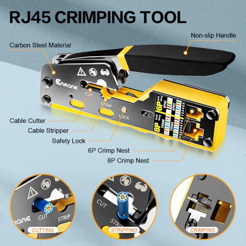 Ethernet Crimping Tool RJ45 /RJ11 Crimp Tools,CAT5 Cat5e Cat6 RJ45 Crimping Tool Kit With Multiply Cable Stripper, Blades,50PCS Cat6 Connectors, 50PCS Boots,Wire Cutter EM-CR2