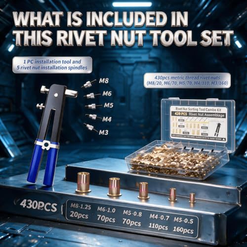 430Pcs Pressure Rivet Nut Tool Kit, Metric Rivet Nut Combination (M8/M6/M5/M4/M3), Suitable for Automotive, Furniture, Decoration, Marine and Industrial Applications