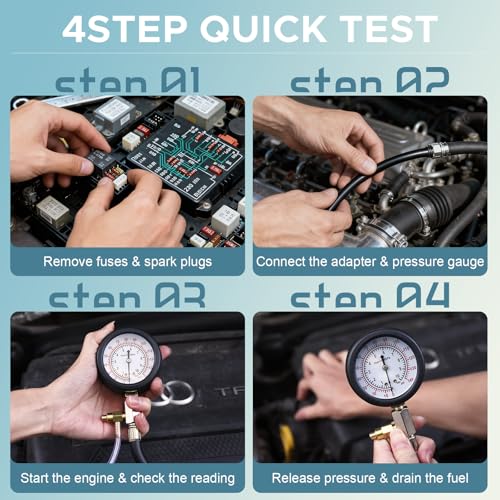 Fuel Pressure Tester Kit 0–140 PSI, Fuel Injection Pressure Tester & Fuel System Pressure Gauge Kit with Hoses and Adapters for Gasoline Cars Trucks Motorcycles（Red） （TU-114Red）