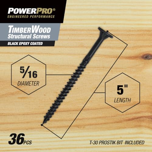 Power Pro TimberWood Structural Screws, 5/16in x 5in, 36 Pieces, Black 5/16 inch x 5 inch 36pc