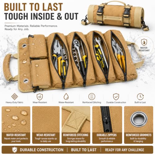 Tool Roll Organizer, Roll Up Tool Bag for Mechanics, Shoulder Strap