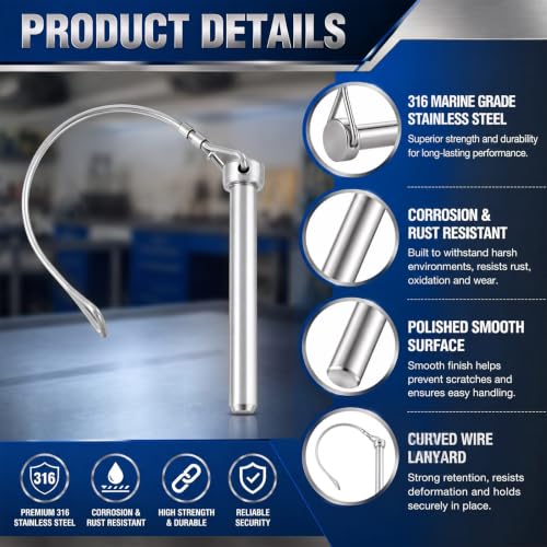 Hicarer 10 Pack 1/4" X 1.97"（6.3mm X 50mm） Safety Coupler Pins, Trailer Coupler Pin, 316 Stainless Steel Trailers Hitch Pin Heavy Duty Trailer Latch Pins with Wire Retainer for Boat Farm Equipment 1/4" X 1.97"（6.3mm X 50mm）